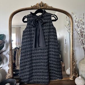 Bow Tie Ruffle Neck Tweed Black Shift Dress